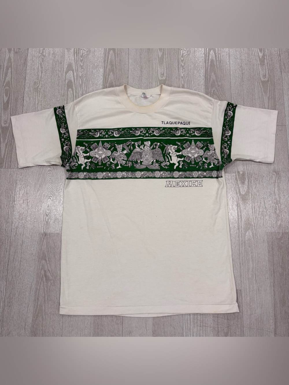 Vintage 90s Tlaquepaque Mexico Aztec Graphic T-Shirt XL White Single Stitch